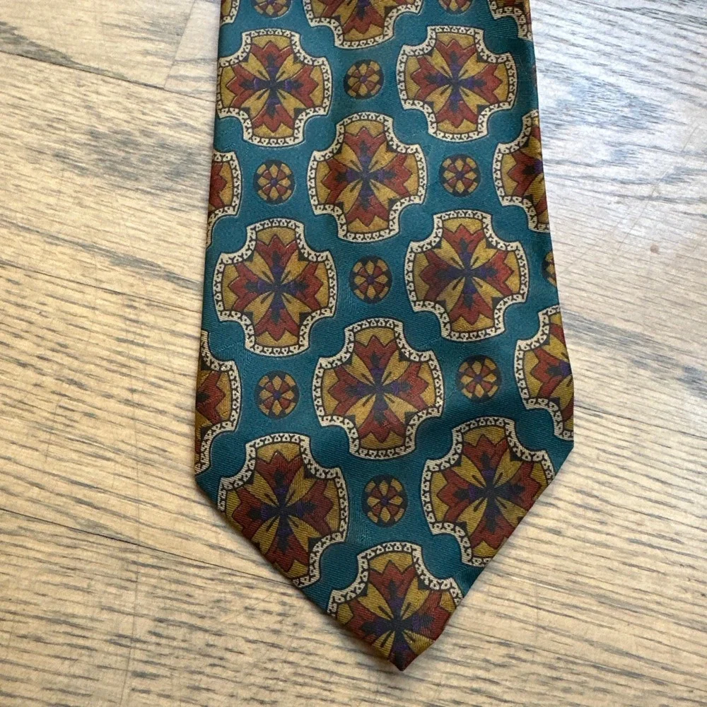 XMI Mens Necktie Teal Blue Gold Brown‎ Floral Geometric Pattern Silk Tie